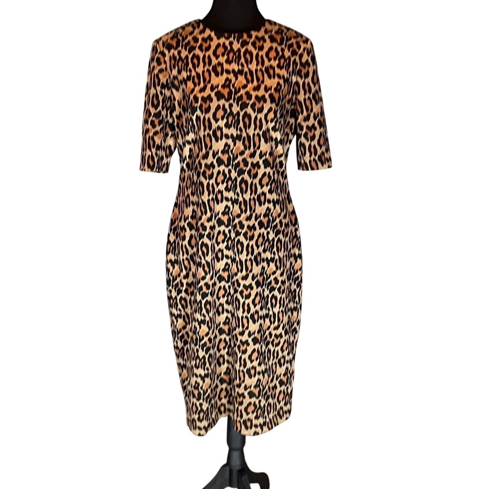 Anne Klein Leopard Print Sheath Dress Brown Short Sleeve Midi 10 Retro Chic Glam